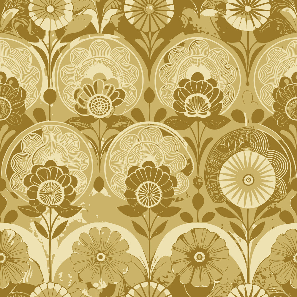 golden yellow, mustard gold, cream, beige, art deco, floral pattern, geometric flowers, circular motifs, radiating petals, stylized blooms, repeating design, vintage inspired, retro style, ornamental, decorative circles, botanical elements, quilting cotton, fabric panel, seamless pattern, monochromatic scheme