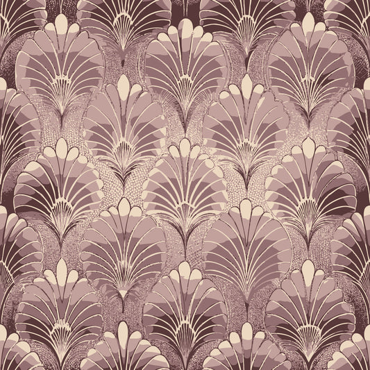 mauve, dusty rose, cream, beige, art deco, fan pattern, floral motifs, geometric design, vintage style, repeating pattern, quilting cotton, fabric panel, ornamental, stylized flowers, peacock feathers, shell design, decorative elements, muted tones, elegant pattern, retro aesthetic