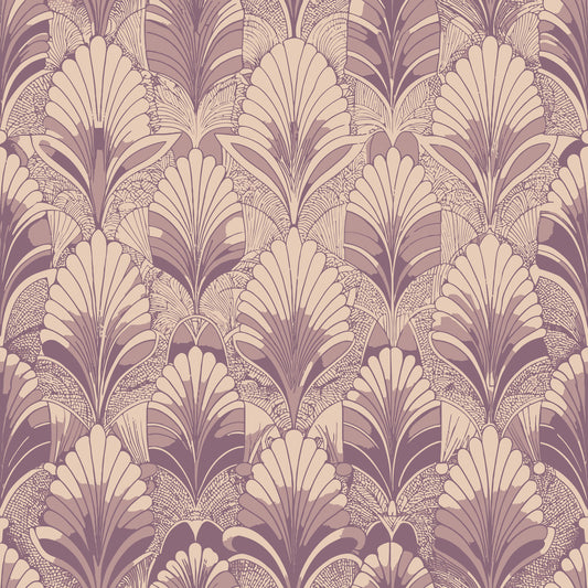 mauve, dusty rose, cream, beige, art deco, fan motifs, shell patterns, geometric florals, radiating designs, vintage style, repeating pattern, ornate details, 1920s inspired, elegant motifs, quilting cotton, fabric panel, decorative elements, stylized flowers, symmetrical design, retro aesthetic
