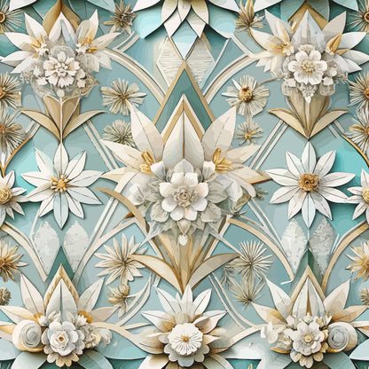art deco, floral pattern, quilting cotton, fabric panel, turquoise background, white flowers, gold accents, geometric design, stylized blooms, dimensional effect, paper cut style, layered petals, botanical motif, mint green, cream colored, ornate florals, repeating pattern, decorative flowers, elegant design, vintage inspired