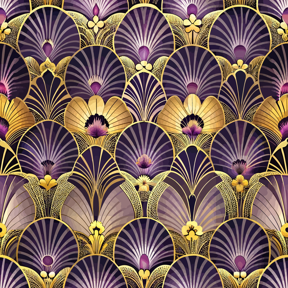 art deco, purple, gold, geometric florals, fan motifs, scalloped patterns, ornate design, quilting cotton, fabric panel, vintage style, jewel tones, repeating pattern, decorative motifs, luxury aesthetic, 1920s inspired, ornamental flowers, metallic accents, sophisticated design, textile craft