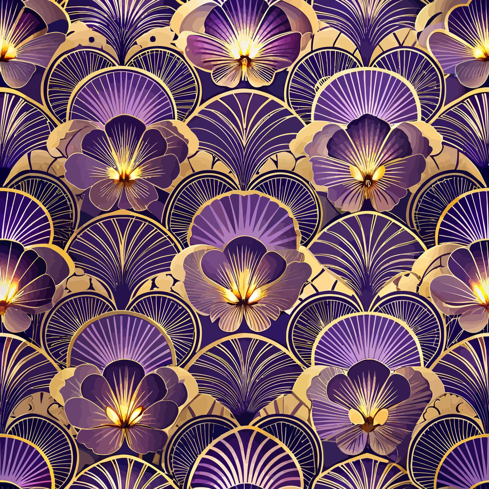 purple, gold, pansy flowers, art deco, floral pattern, radiating lines, geometric florals, luxurious, elegant, quilting cotton, fabric panel, violet petals, metallic accents, repeating motif, stylized blooms, ornate design, vintage inspired, sophisticated palette, decorative flowers