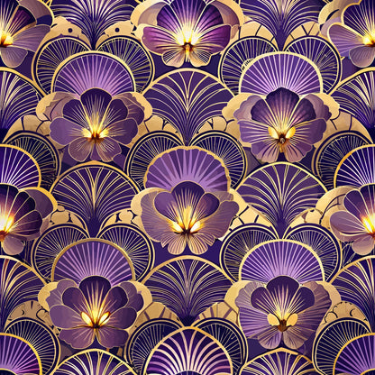 purple, gold, pansy flowers, art deco, floral pattern, radiating lines, geometric florals, luxurious, elegant, quilting cotton, fabric panel, violet petals, metallic accents, repeating motif, stylized blooms, ornate design, vintage inspired, sophisticated palette, decorative flowers
