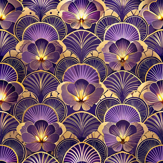 purple, gold, pansy flowers, art deco, floral pattern, radiating lines, geometric florals, luxurious, elegant, quilting cotton, fabric panel, violet petals, metallic accents, repeating motif, stylized blooms, ornate design, vintage inspired, sophisticated palette, decorative flowers