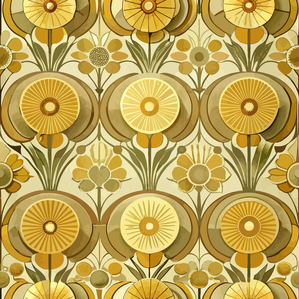 golden yellow, amber, olive green, cream, beige, art deco, floral pattern, geometric flowers, sunburst motifs, radiating circles, stylized blooms, retro design, 1920s style, quilting cotton, fabric panel, repeating pattern, vintage inspired, warm tones, decorative florals, modernist style