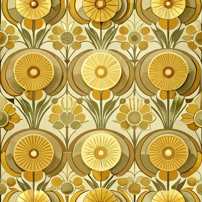 golden yellow, amber, olive green, cream, beige, art deco, floral pattern, geometric flowers, sunburst motifs, radiating circles, stylized blooms, retro design, 1920s style, quilting cotton, fabric panel, repeating pattern, vintage inspired, warm tones, decorative florals, modernist style