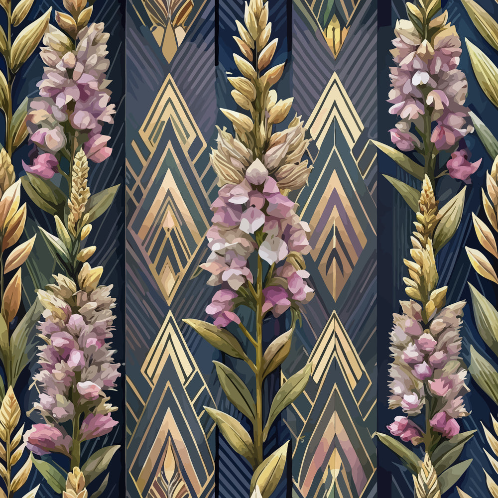 art deco, floral pattern, purple flowers, golden geometric shapes, navy blue background, botanical design, quilting cotton, fabric panel, lavender blooms, wheat stalks, diamond motifs, vintage style, elegant florals, triangular elements, sophisticated pattern, repeating design, textile art, craft fabric, decorative motifs, luxurious aesthetic