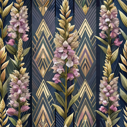 art deco, floral pattern, purple flowers, golden geometric shapes, navy blue background, botanical design, quilting cotton, fabric panel, lavender blooms, wheat stalks, diamond motifs, vintage style, elegant florals, triangular elements, sophisticated pattern, repeating design, textile art, craft fabric, decorative motifs, luxurious aesthetic