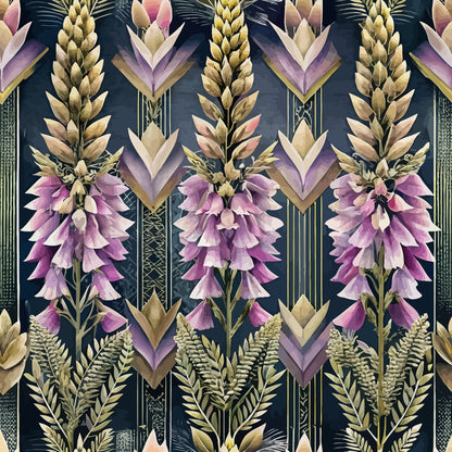 art deco, floral pattern, purple flowers, foxglove blooms, navy background, geometric chevrons, golden wheat stalks, botanical illustration, vintage style, quilting cotton, fabric panel, elegant motifs, structured design, sophisticated palette, decorative elements, repeating pattern, ornamental florals, stylized botanicals, luxurious aesthetic