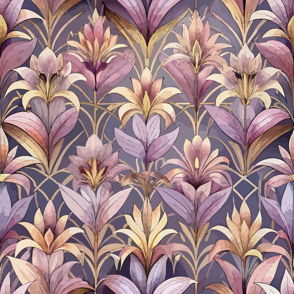 art deco, floral pattern, lilies, purple, lavender, mauve, gold accents, cream, dusty rose, botanical design, stylized flowers, repeating pattern, elegant motif, vintage style, quilting cotton, fabric panel, sophisticated palette, ornamental design, decorative florals, muted tones