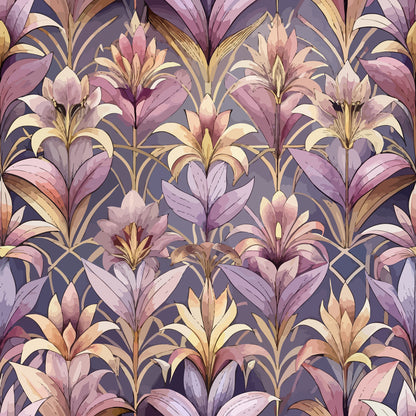 art deco, floral pattern, lilies, purple, lavender, mauve, gold accents, cream, dusty rose, botanical design, stylized flowers, repeating pattern, elegant motif, vintage style, quilting cotton, fabric panel, sophisticated palette, ornamental design, decorative florals, muted tones