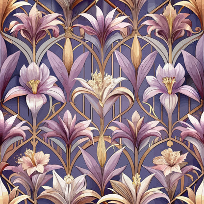 - Art Deco Florals Pattern 36 Quilting Cotton Fabric  
- Floral design  
- Geometric elements  
- Lavender, beige, gold tones  
- Vintage style  
- Decorative fabric  
- Quilting material  
- Cotton textile  
- Elegant flowers  
- Stylized leaves