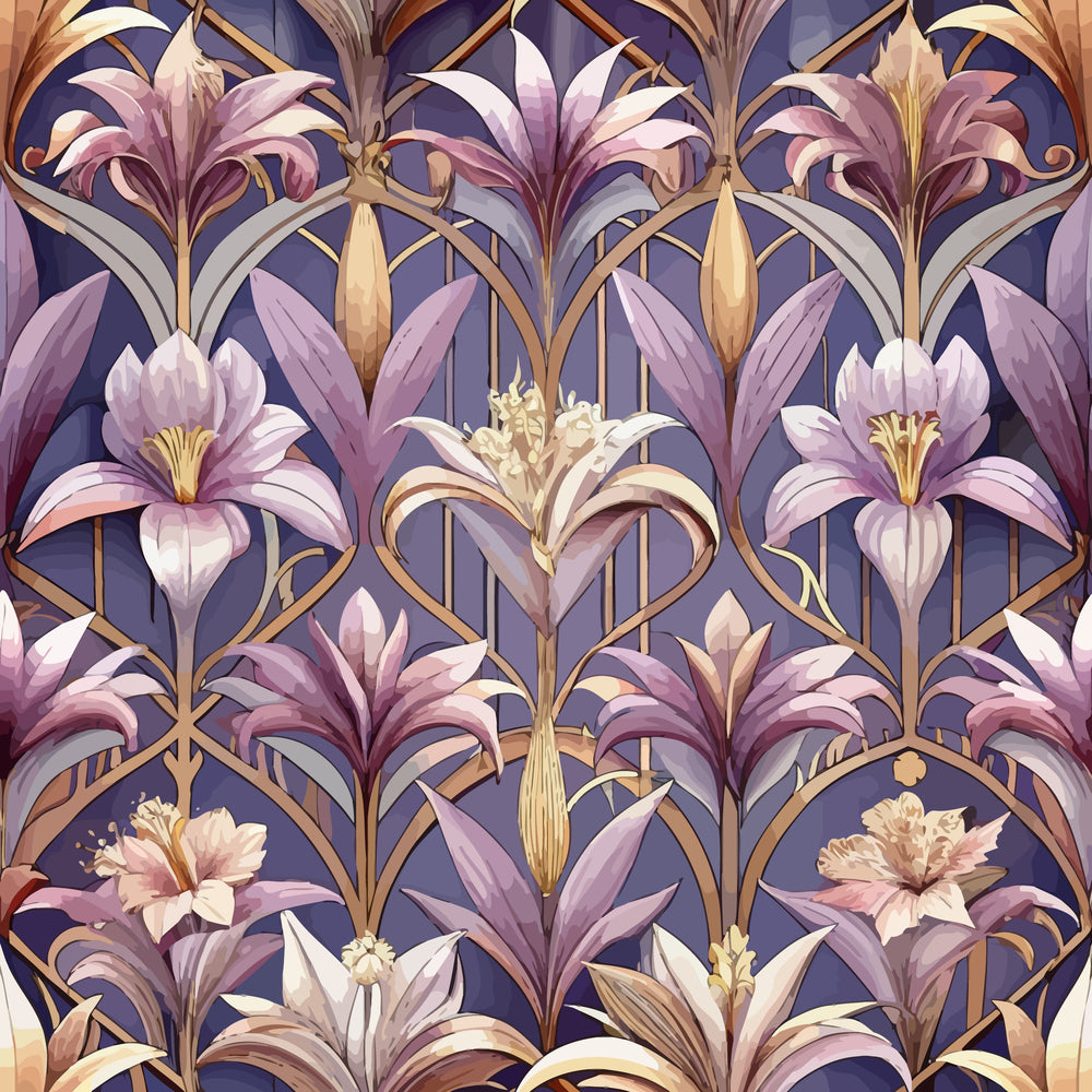 - Art Deco Florals Pattern 36 Quilting Cotton Fabric  
- Floral design  
- Purple, lavender, gold, beige, cream colors  
- Vintage style  
- Geometric elements  
- Elegant, decorative, stylized flowers  
- Cotton quilting material  
- Ornamental, symmetrical layout