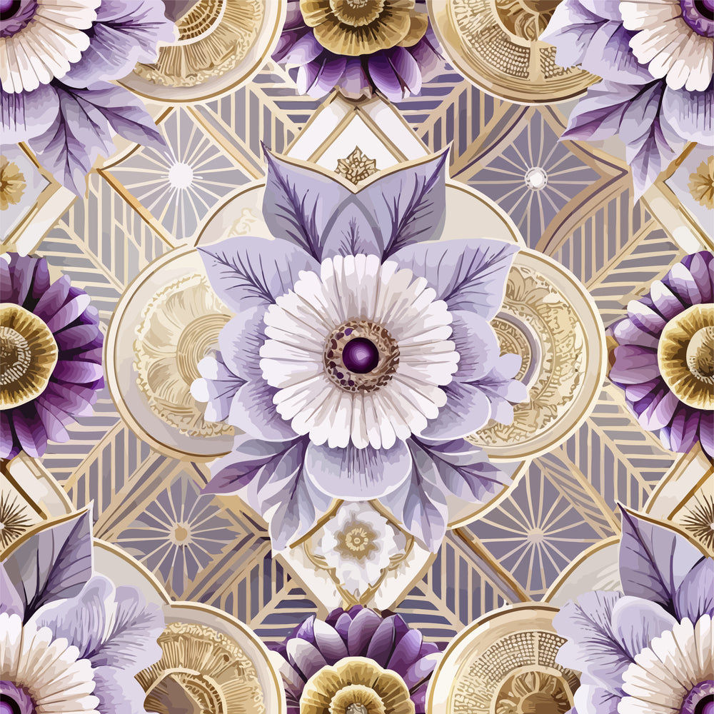 purple flowers, lavender petals, gold accents, art deco pattern, geometric design, floral motif, quilting cotton, fabric panel, ornate details, symmetrical design, vintage style, decorative elements, botanical print, repeating pattern, elegant florals, metallic gold, soft purple, diamond shapes, radiating lines, intricate borders