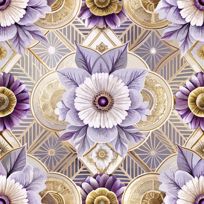 purple flowers, lavender petals, gold accents, art deco pattern, geometric design, floral motif, quilting cotton, fabric panel, ornate details, symmetrical design, vintage style, decorative elements, botanical print, repeating pattern, elegant florals, metallic gold, soft purple, diamond shapes, radiating lines, intricate borders