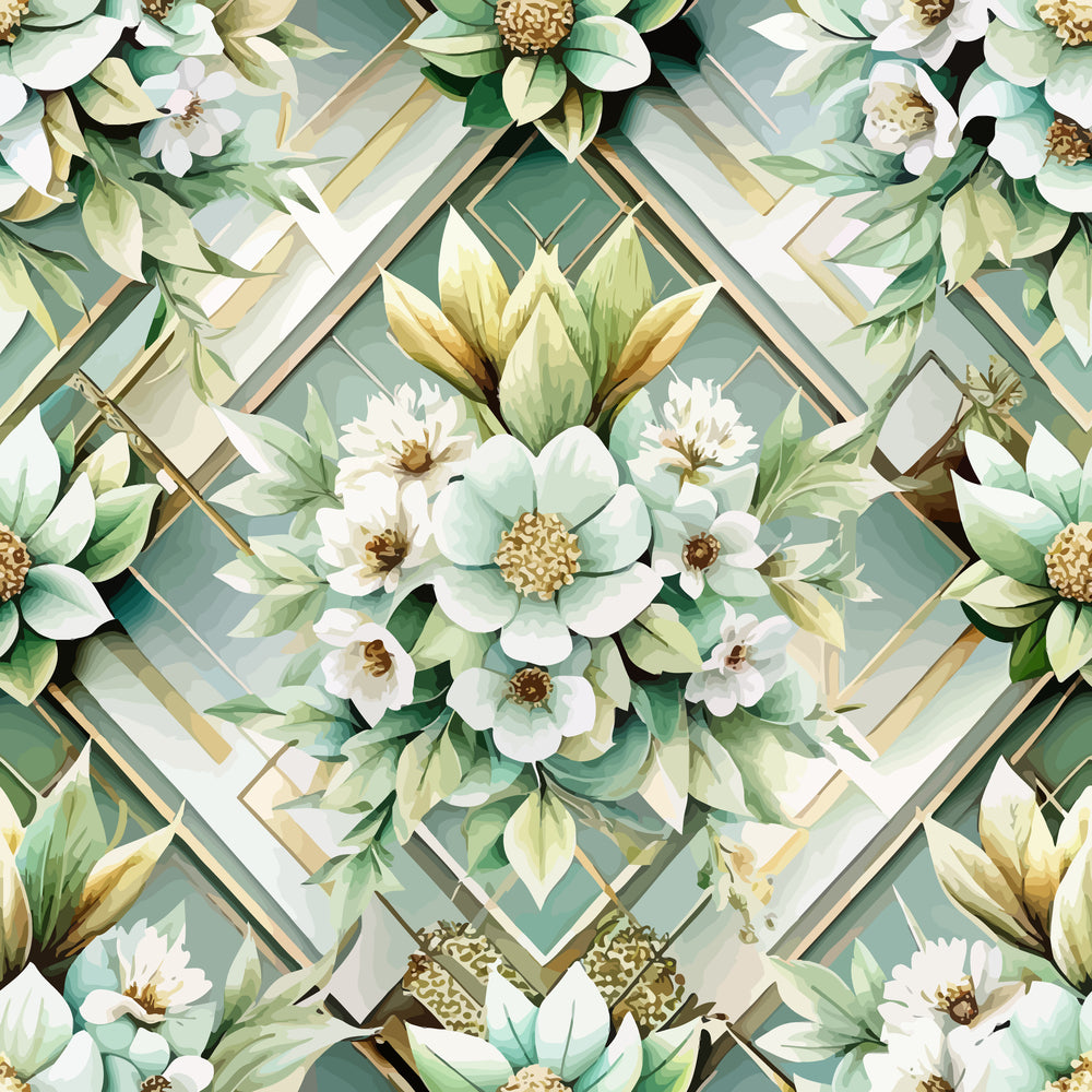sage green, white flowers, gold accents, geometric diamonds, art deco style, floral pattern, botanical motifs, soft pastels, quilting cotton, fabric panel, elegant blooms, layered design, vintage inspired, sophisticated palette, decorative florals, cream petals, mint green, luxurious feel