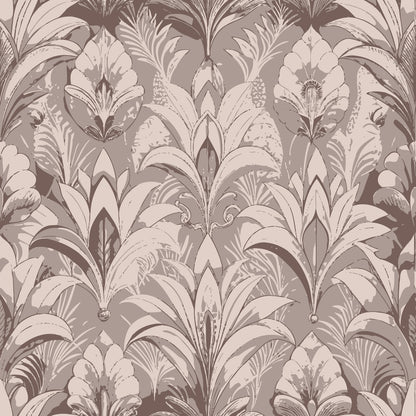 taupe, beige, mauve, art deco, floral pattern, stylized flowers, botanical motifs, vintage design, ornate leaves, damask style, quilting cotton, fabric panel, neutral tones, geometric florals, repeating pattern, sophisticated design, decorative elements, textile art, muted colors, elegant motifs