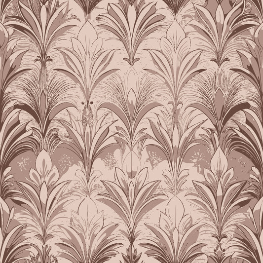 mauve, dusty rose, taupe, sepia tones, art deco, feather motif, plume pattern, botanical design, elegant curves, vintage style, repeating pattern, ornate flourishes, decorative foliage, quilting cotton, fabric panel, sophisticated palette, flowing lines, luxurious texture, neutral colors, stylized leaves