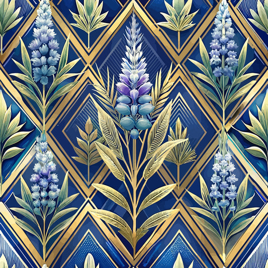 navy blue, gold, art deco, geometric pattern, lavender flowers, tropical leaves, diamond shapes, metallic accents, botanical motif, quilting cotton, fabric panel, floral design, purple blooms, green foliage, luxurious, vintage style, repeating pattern, elegant florals, jewel tones
