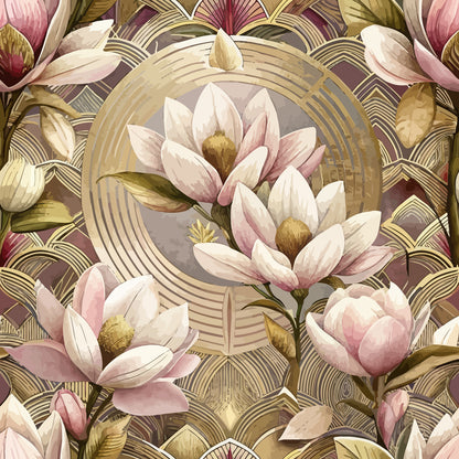 art deco, floral pattern, magnolia flowers, lotus blossoms, pink petals, cream petals, golden yellow centers, olive green leaves, geometric circles, concentric rings, vintage style, botanical design, quilting cotton, fabric panel, muted earth tones, dusty rose, beige background, repeating motif, decorative florals