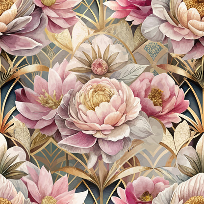 art deco, floral pattern, pink peonies, blush flowers, gold accents, geometric design, botanical motif, vintage style, quilting cotton, fabric panel, dusty rose, cream petals, ornate details, luxurious florals, decorative pattern, soft pastels, elegant design, repeating motif, crafting fabric, sewing material