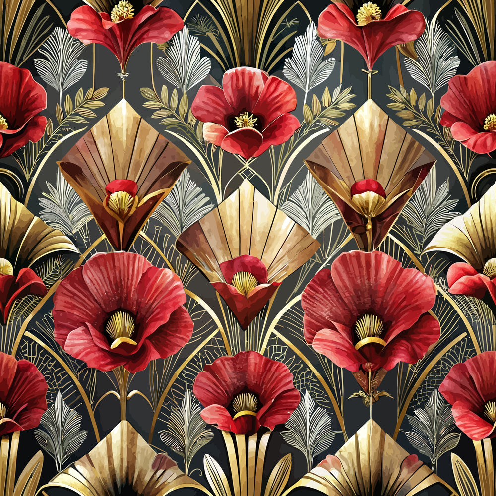 - Art Deco Florals Pattern 51 Quilting Cotton Fabric  
- Floral design  
- Red flowers  
- Gold geometric shapes  
- Black background  
- Elegant style  
- Quilting material  
- Cotton textile  
- Vintage inspired  
- Decorative motif