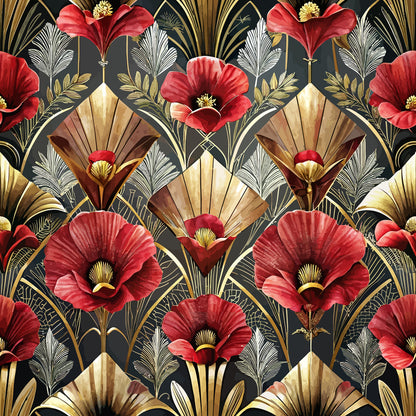 art deco, floral pattern, red poppies, coral flowers, gold accents, black background, fan motifs, geometric design, ornate leaves, vintage style, quilting cotton, fabric panel, decorative motifs, botanical elements, luxurious pattern, stylized flowers, metallic gold, crimson blooms, elegant design, retro aesthetic