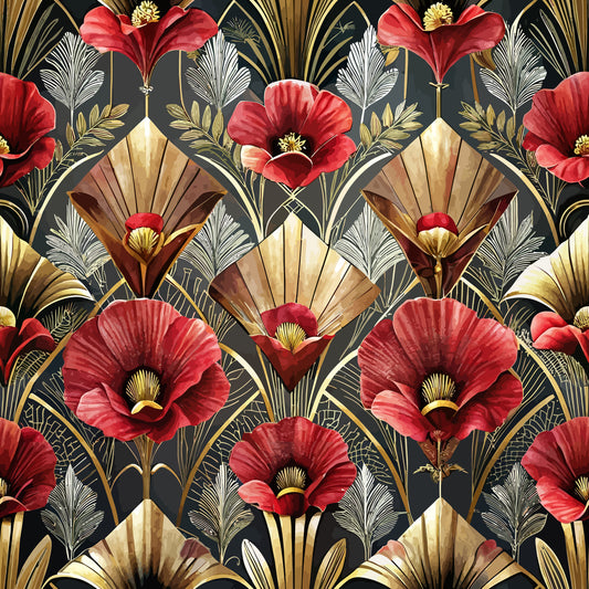 art deco, floral pattern, red poppies, coral flowers, gold accents, black background, fan motifs, geometric design, ornate leaves, vintage style, quilting cotton, fabric panel, decorative motifs, botanical elements, luxurious pattern, stylized flowers, metallic gold, crimson blooms, elegant design, retro aesthetic