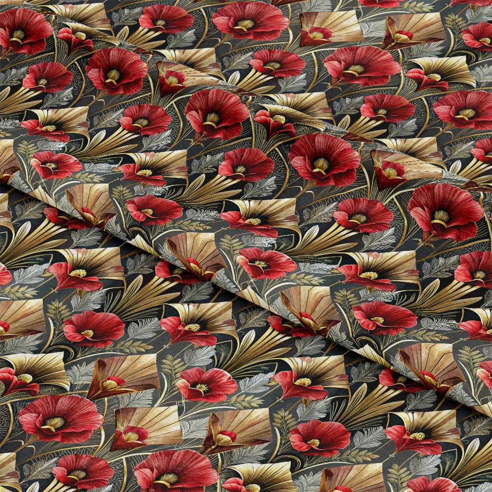 - Art Deco Florals Pattern 51 Quilting Cotton Fabric  
- Red poppies  
- Gold leaves  
- Black background  
- Floral design  
- Quilting cotton  
- Vintage style  
- Botanical print  
- Decorative textile  
- Nature-inspired  
- Fabric yardage