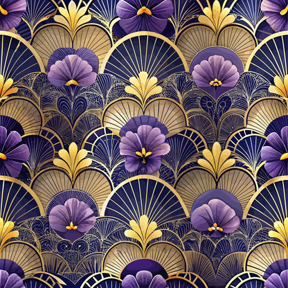 purple flowers, gold accents, art deco pattern, fan motifs, quilting cotton, fabric panel, geometric florals, navy blue, lavender blooms, ornate design, vintage style, repeating pattern, decorative fans, floral motifs, luxurious feel, intricate details, purple petals, golden elements, stylized flowers, elegant pattern