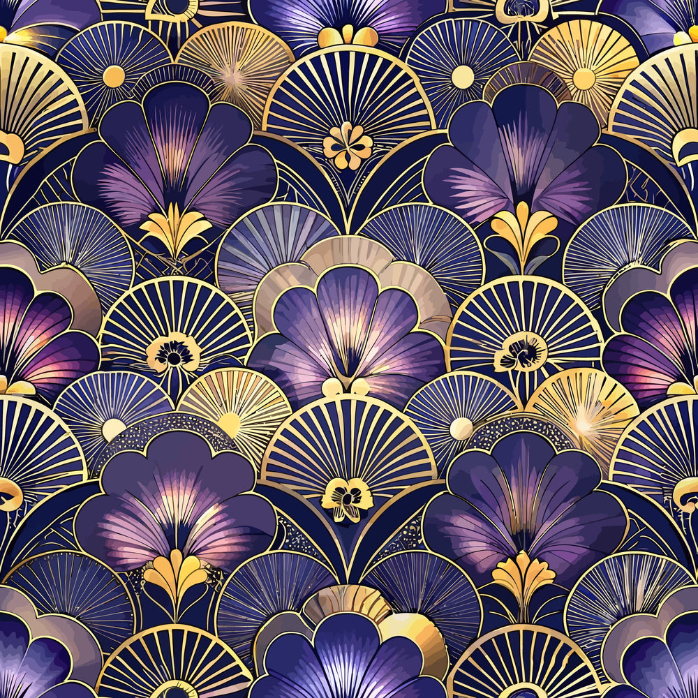 - Art Deco Florals Pattern 53 Quilting Cotton Fabric  
- Floral motifs  
- Geometric fan shapes  
- Purple hues  
- Gold accents  
- Navy blue background  
- Quilting fabric  
- Cotton material  
- Vintage style  
- Decorative textile  
- Elegant design  
- Repetitive floral elements
