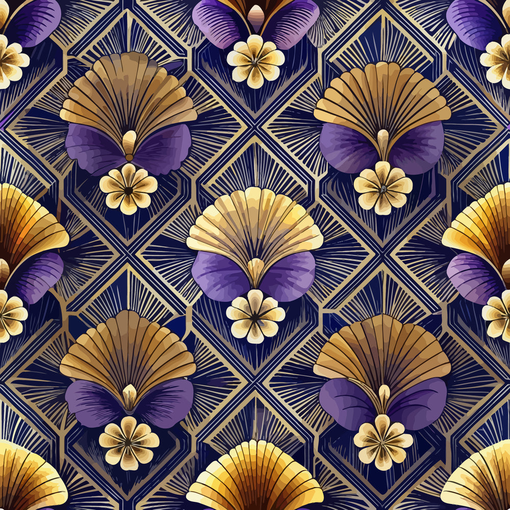 art deco, geometric pattern, floral motifs, navy blue, deep purple, gold accents, cream flowers, fan shapes, diamond grid, luxury design, elegant florals, repeating pattern, quilting cotton, fabric panel, vintage style, ornate details, sophisticated palette, decorative leaves, stylized blooms, rich colors