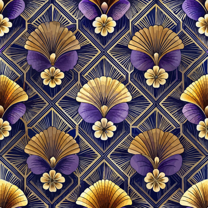 art deco, geometric pattern, floral motifs, navy blue, deep purple, gold accents, cream flowers, fan shapes, diamond grid, luxury design, elegant florals, repeating pattern, quilting cotton, fabric panel, vintage style, ornate details, sophisticated palette, decorative leaves, stylized blooms, rich colors