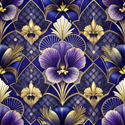 purple, navy blue, gold, cream, art deco, geometric florals, stylized flowers, fan motifs, diamond patterns, quilting cotton, fabric panel, ornate design, vintage inspired, symmetrical pattern, decorative elements, luxurious, elegant motifs, floral geometry, repeating pattern