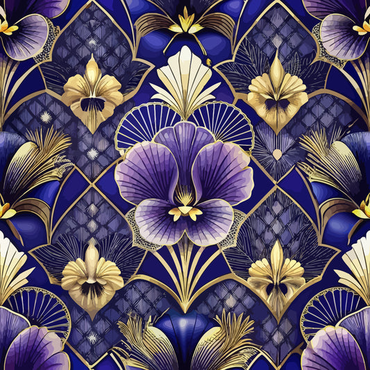 purple, navy blue, gold, cream, art deco, geometric florals, stylized flowers, fan motifs, diamond patterns, quilting cotton, fabric panel, ornate design, vintage inspired, symmetrical pattern, decorative elements, luxurious, elegant motifs, floral geometry, repeating pattern