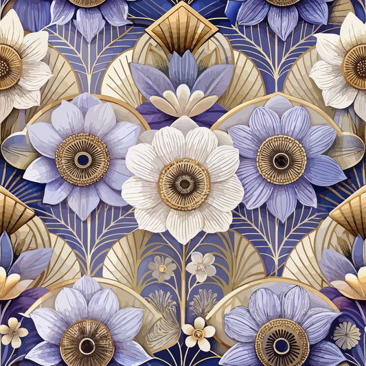 purple flowers, lavender petals, cream blooms, gold centers, art deco pattern, geometric florals, ornate design, quilting cotton, fabric panel, decorative motifs, stylized flowers, bronze accents, floral medallions, symmetrical design, vintage inspired, elegant pattern, textile design, crafting fabric