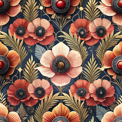 art deco florals, navy blue background, coral flowers, peach blossoms, golden foliage, geometric petals, vintage pattern, repeating motif, quilting cotton, fabric panel, stylized blooms, retro design, ornamental leaves, floral arrangement, decorative pattern, textile design, crafting material, sophisticated florals, peachy pink, metallic accents