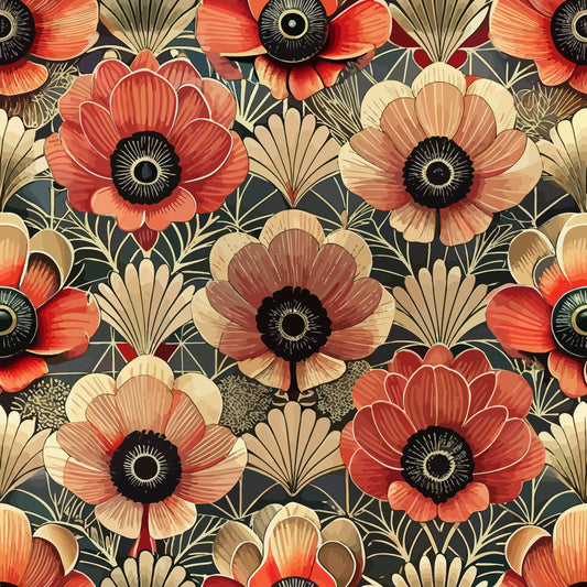 art deco, floral pattern, coral flowers, cream petals, black centers, dark background, geometric leaves, stylized blooms, vintage style, quilting cotton, fabric panel, retro florals, decorative motifs, warm tones, peach accents, botanical design, repeating pattern, crafting fabric, sewing material