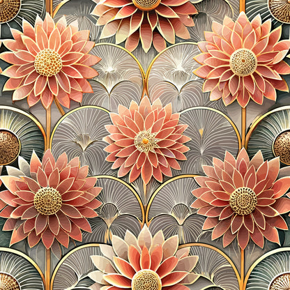 coral flowers, peach blooms, gold centers, art deco, geometric petals, stylized florals, fan motifs, quilting cotton, fabric panel, ornate design, layered petals, radial pattern, decorative flowers, sophisticated palette, repeating motif, dimensional blooms, elegant florals, vintage inspired, warm tones, intricate details