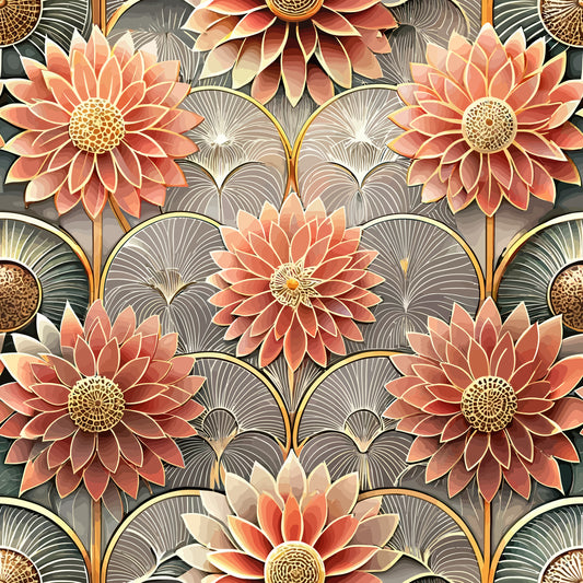 coral flowers, peach blooms, gold centers, art deco, geometric petals, stylized florals, fan motifs, quilting cotton, fabric panel, ornate design, layered petals, radial pattern, decorative flowers, sophisticated palette, repeating motif, dimensional blooms, elegant florals, vintage inspired, warm tones, intricate details