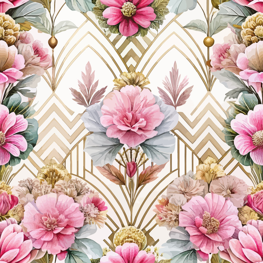 art deco, floral pattern, pink flowers, gold geometric, cream background, peonies, botanical design, quilting cotton, fabric panel, vintage style, rose pink, sage green, chevron lines, elegant florals, symmetrical design, watercolor flowers, dusty rose, ornate pattern, feminine motif