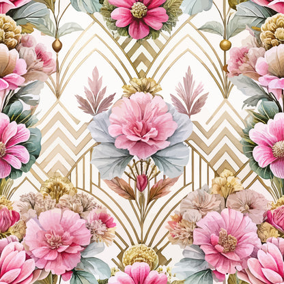 art deco, floral pattern, pink flowers, gold geometric, cream background, peonies, botanical design, quilting cotton, fabric panel, vintage style, rose pink, sage green, chevron lines, elegant florals, symmetrical design, watercolor flowers, dusty rose, ornate pattern, feminine motif