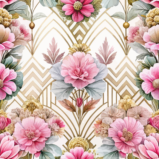 art deco, floral pattern, pink flowers, gold geometric, cream background, peonies, botanical design, quilting cotton, fabric panel, vintage style, rose pink, sage green, chevron lines, elegant florals, symmetrical design, watercolor flowers, dusty rose, ornate pattern, feminine motif