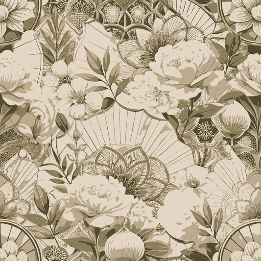 beige, taupe, olive green, cream, art deco, floral pattern, peonies, roses, botanical design, vintage style, monochromatic, quilting cotton, fabric panel, repeating pattern, stylized flowers, leaves, petals, neutral tones, retro florals, decorative motifs