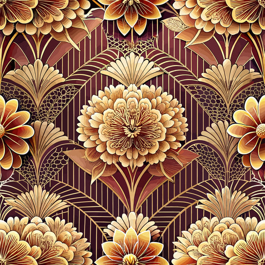 burgundy, gold, amber, bronze, art deco, floral pattern, geometric flowers, fan motifs, ornate blooms, decorative leaves, vintage style, elegant design, quilting cotton, fabric panel, rich tones, stylized florals, repeating pattern, luxurious feel, warm colors, intricate details