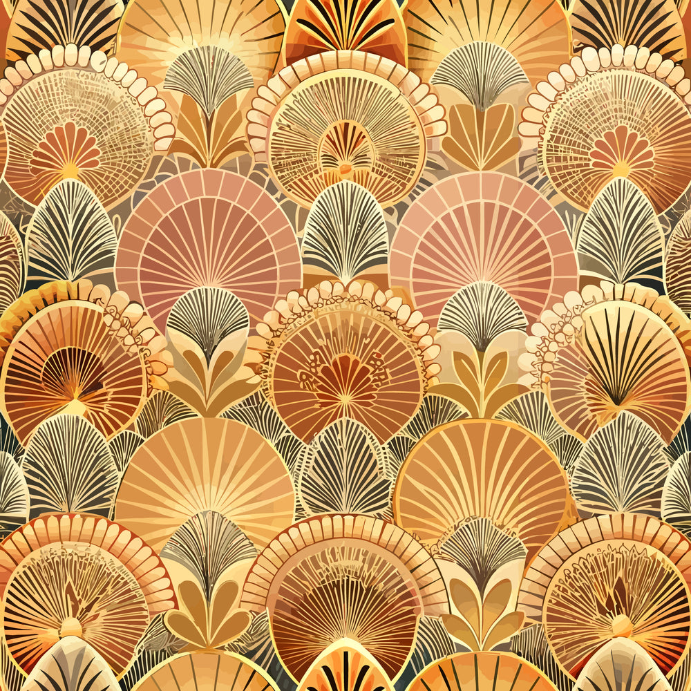 art deco, floral motifs, fan shapes, geometric patterns, warm tones, golden yellow, burnt orange, copper, cream, beige, radiating designs, shell patterns, overlapping circles, vintage style, quilting cotton, fabric panel, repetitive pattern, ornate details, sunburst motifs, decorative elements