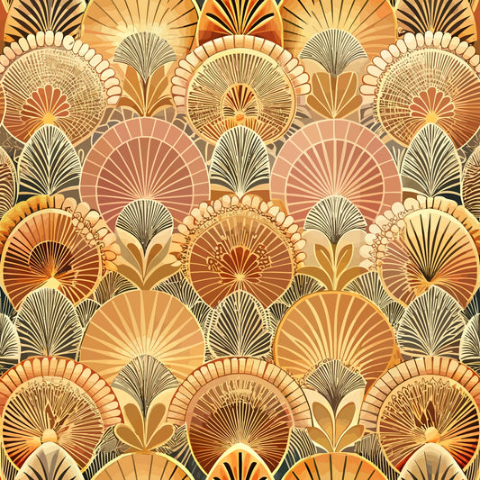 art deco, floral motifs, fan shapes, geometric patterns, warm tones, golden yellow, burnt orange, copper, cream, beige, radiating designs, shell patterns, overlapping circles, vintage style, quilting cotton, fabric panel, repetitive pattern, ornate details, sunburst motifs, decorative elements