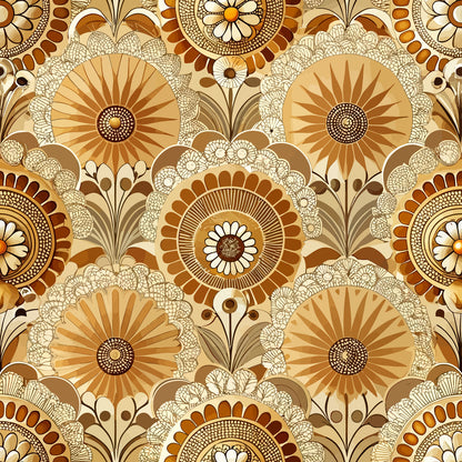 art deco, floral pattern, geometric flowers, brown, tan, cream, beige, orange, sunburst motifs, radiating petals, circular designs, ornamental, decorative, repeating pattern, quilting cotton, fabric panel, vintage style, stylized blooms, warm tones, retro florals