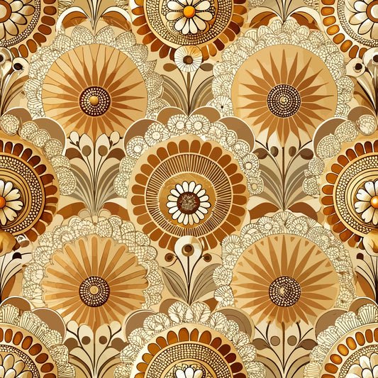 art deco, floral pattern, geometric flowers, brown, tan, cream, beige, orange, sunburst motifs, radiating petals, circular designs, ornamental, decorative, repeating pattern, quilting cotton, fabric panel, vintage style, stylized blooms, warm tones, retro florals