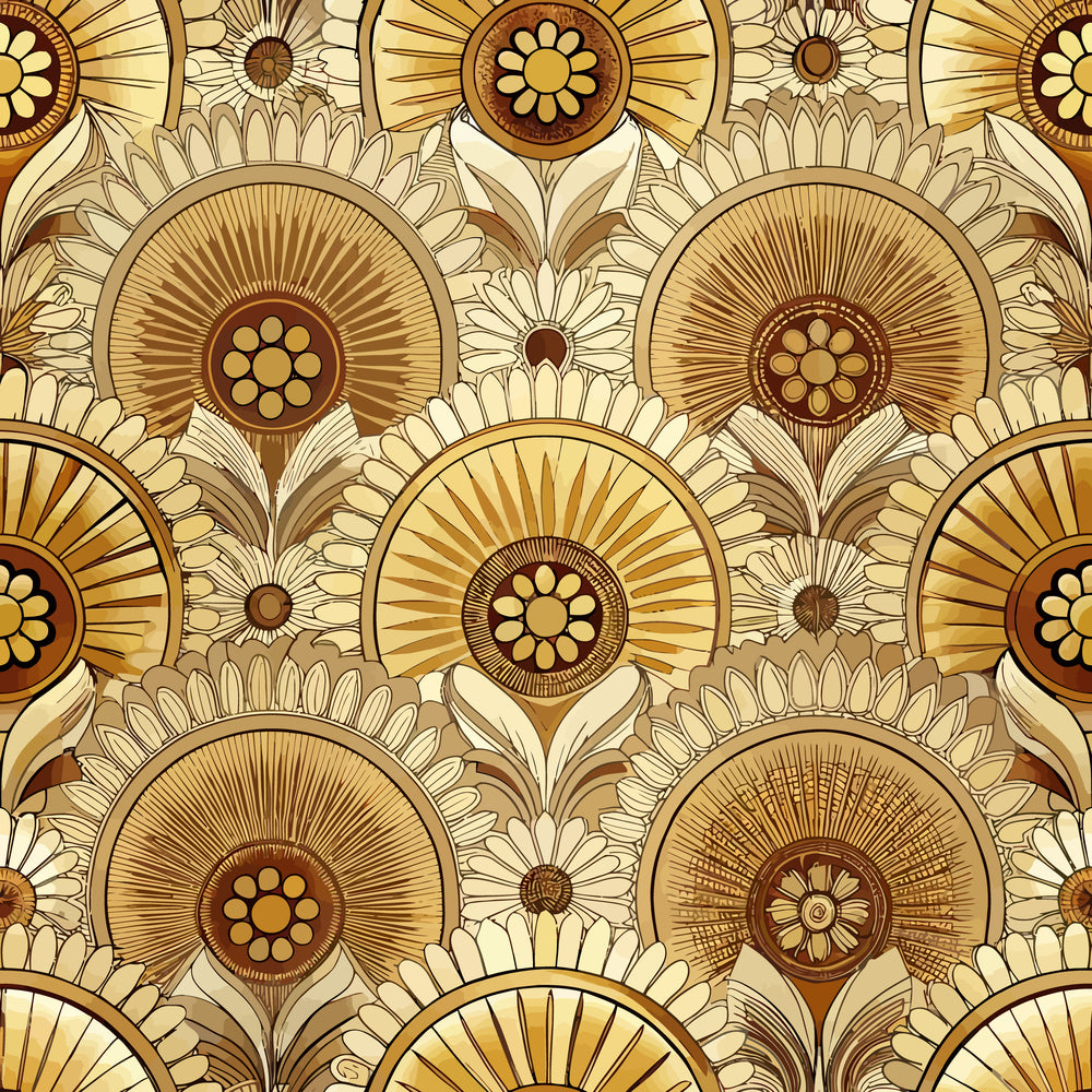 art deco, geometric florals, sunburst pattern, radiating design, golden yellow, warm brown, cream, beige, stylized flowers, circular motifs, vintage style, repeating pattern, quilting cotton, fabric panel, retro florals, ornate design, decorative circles, symmetrical pattern, 1920s inspired, geometric petals